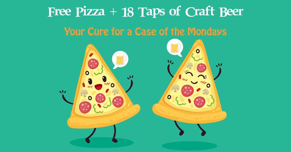 Happy pizza slices jumping for joy to celebrate Pizza Monday at The Hop Yard. Free pizza plus 18 taps of great beer