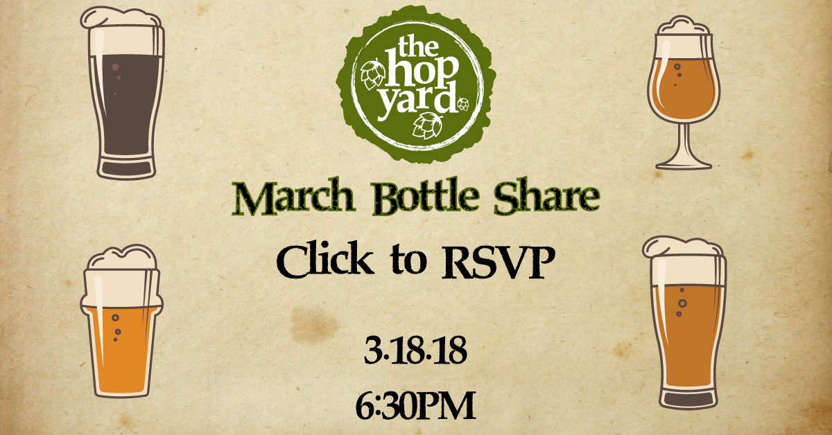 Vintage paper background with various beer glasses promoting The Hop Yard March 18, 2018 Bottle Share