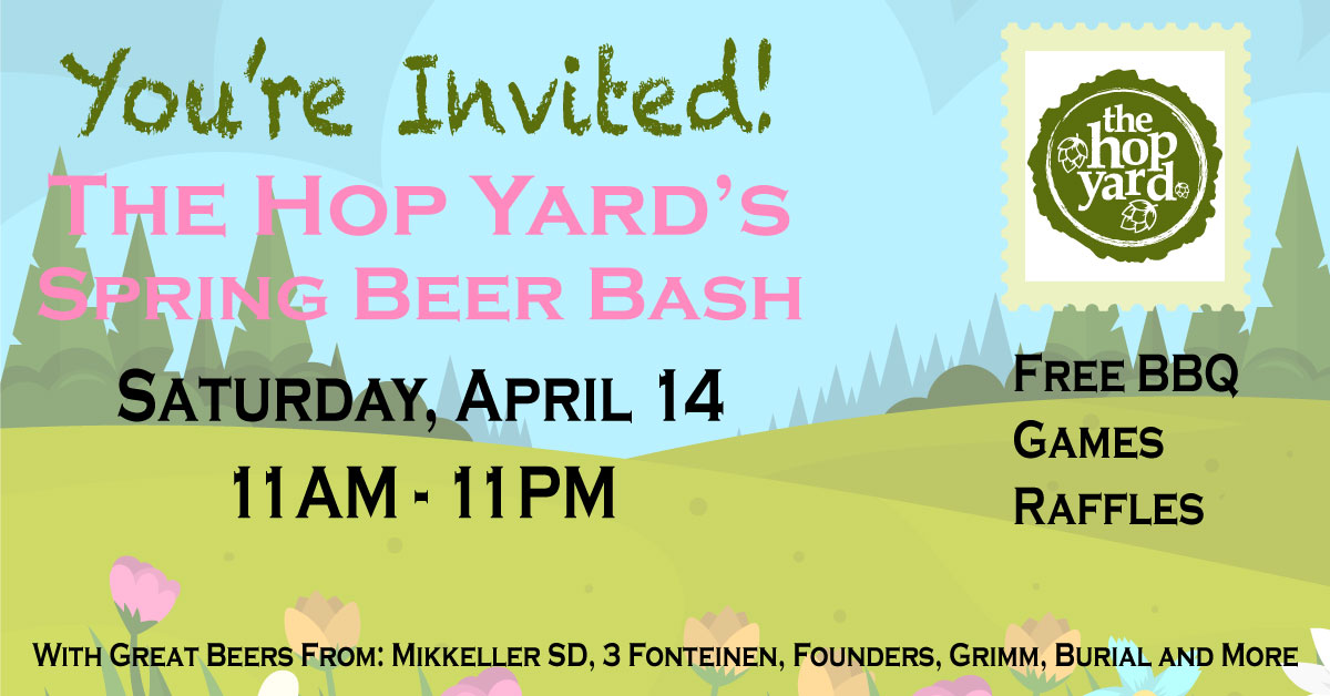 Spring themed background with blue skies, trees, and tulips promoting The Hop Yard's Spring Beer Bash on April 14th from 11AM to 11PM