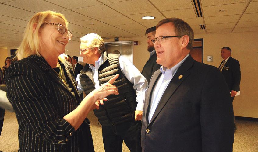Appalachian State Chancellor Sheri Everts, left, speaks with N.C. House Speaker Tim Moore prior to a tour of the future Hickory campus building. Everts said the university plans to invest $20 million upgrading the building.  Photo by Robert C. Reed, Hickory Daily Record