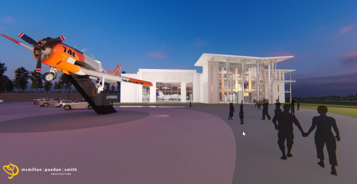 This rendering by architecture firm McMillan Pazdan Smith shows the concept for the new building that will house the Hickory Aviation Museum and Catawba Valley Community College Workforce Innovation Center. 