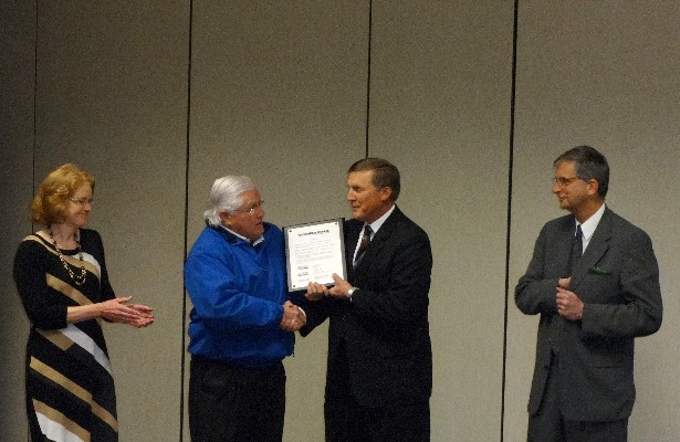 Ellie Bradshaw (EDC Chair), Rudy Wright (Hickory Mayor) and Randy Isenhower (Catawba County Board of Commissioners Chair) present recognition plaque to Steve von Drehle (von Drehle Corporation Chairman).  (Image: Catawba EDC)