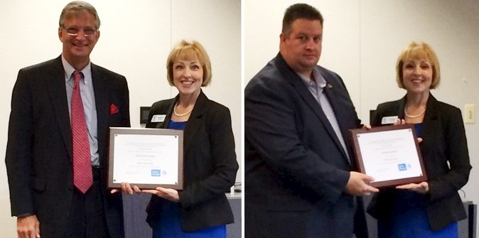 AT&T Regional Director of External Affairs, Kathleen Evans presents certificates to Catawba County Commission Chair Randy Isenhower (l) and City of Conover Manager Donald Duncan (r) designating the ncDataCampus as an AT&T Fiber Ready site.