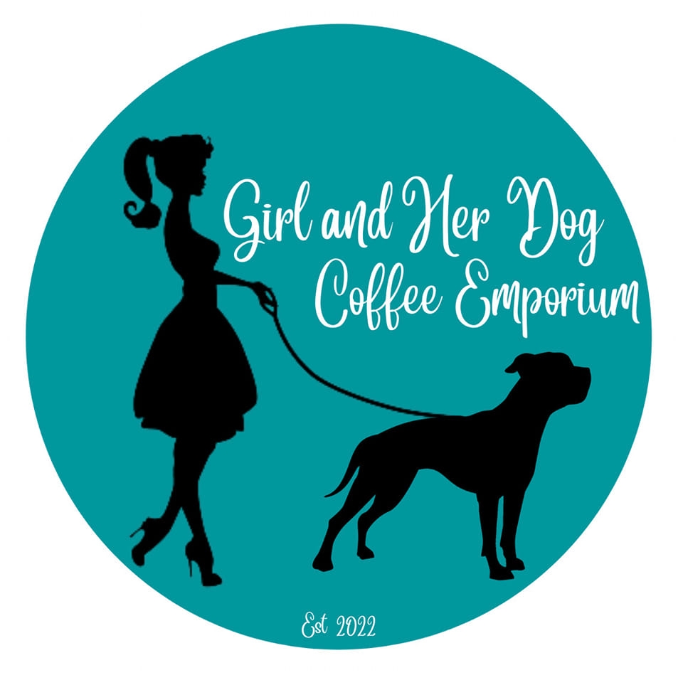 girl and dog and coffee